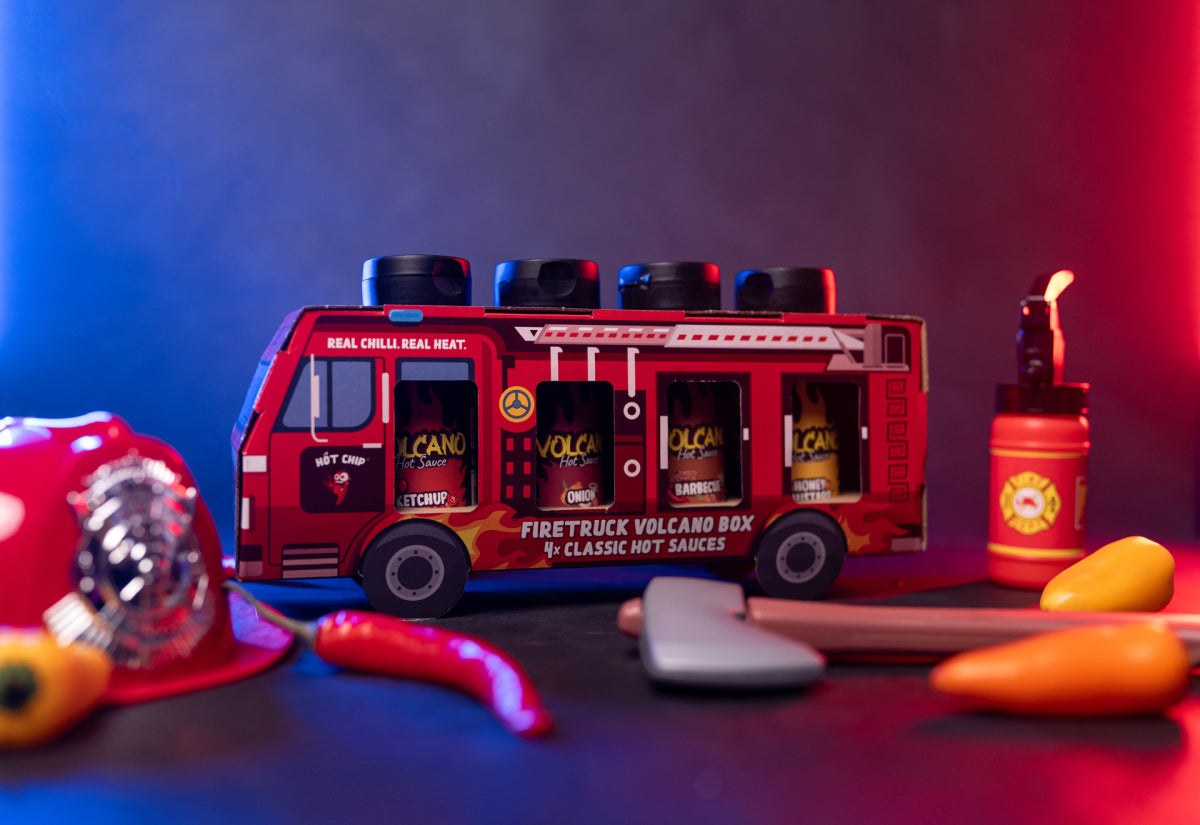 Firetruck Hot Sauce Gift Box – 4 Pittige Sauzen – Ketchup, Honing-Mosterd, BBQ & Uiensaus