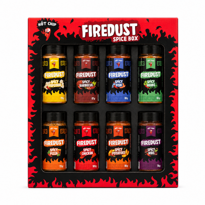 HOT-CHIP Firedust Gewürz Geschenkset – 8 scharfe Gewürzmischungen – Für BBQ, Fleisch, Pizza, Snacks, Popcorn und Marinaden