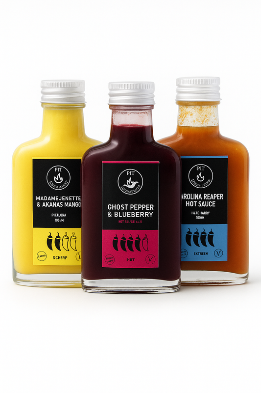 Sauce mit Kern – Carolina Reaper | Ghost Pepper &amp; Blaubeeren | Madame Jeanette &amp; Mango Hot Sauce – 3er-Pack