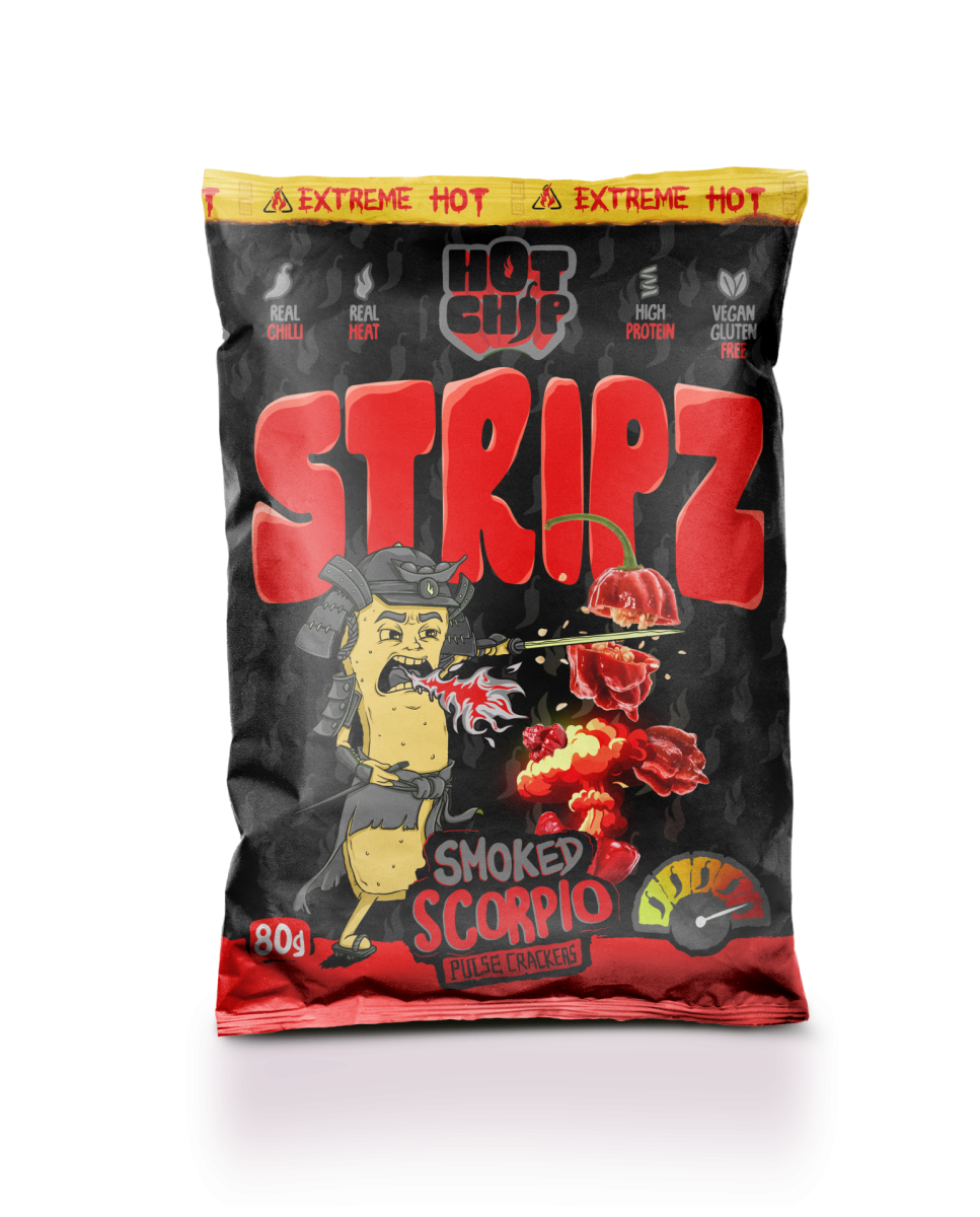 HOT-CHIP STRIPZ Smoked Scorpio 80 g – Extreem Pittige Vegan Eiwitsnack met Trinidad Scorpion