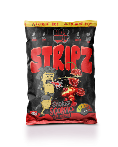 HOT-CHIP STRIPZ Smoked Scorpio 80 g – Extrem scharfer veganer Protein-Snack mit Trinidad Scorpion