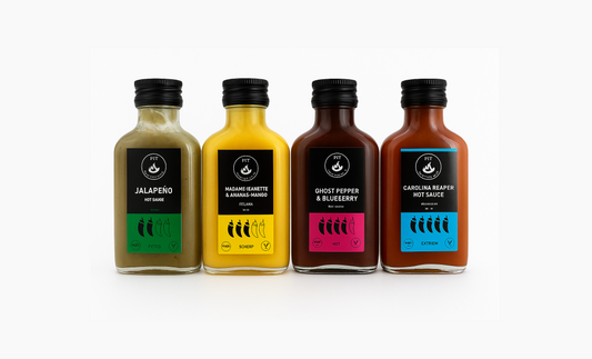 Scharfe Sauce - Hot Sauce Pack mit 4 scharfen Saucen - Carolina Reaper, Jalapeño, Madame Jeanette, Ghost Pepper