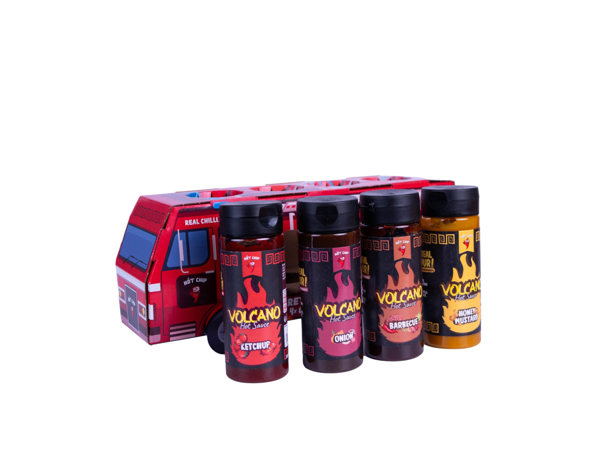 Firetruck Hot Sauce Gift Box – 4 Pittige Sauzen – Ketchup, Honing-Mosterd, BBQ & Uiensaus