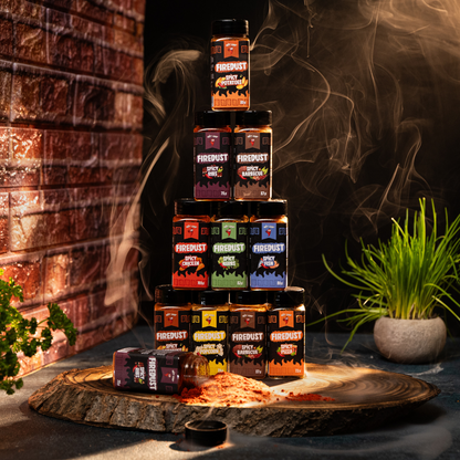 HOT-CHIP Firedust Gewürz Geschenkset – 8 scharfe Gewürzmischungen – Für BBQ, Fleisch, Pizza, Snacks, Popcorn und Marinaden