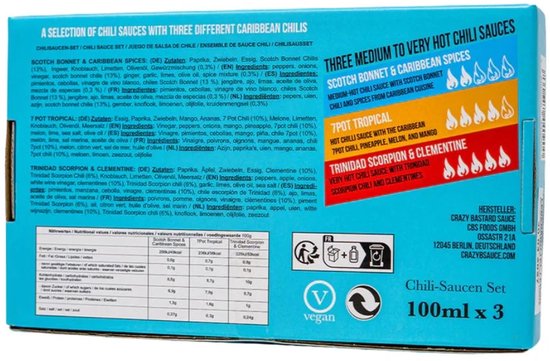 Crazy Bastard Caribbean Box – Hot Sauce Cadeauset – 3 set – 3x100ml – Tropische Hot Sauce