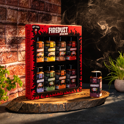 HOT-CHIP Firedust Gewürz Geschenkset – 8 scharfe Gewürzmischungen – Für BBQ, Fleisch, Pizza, Snacks, Popcorn und Marinaden
