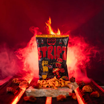 HOT-CHIP STRIPZ Smoked Scorpio 80 g – Extrem scharfer veganer Protein-Snack mit Trinidad Scorpion
