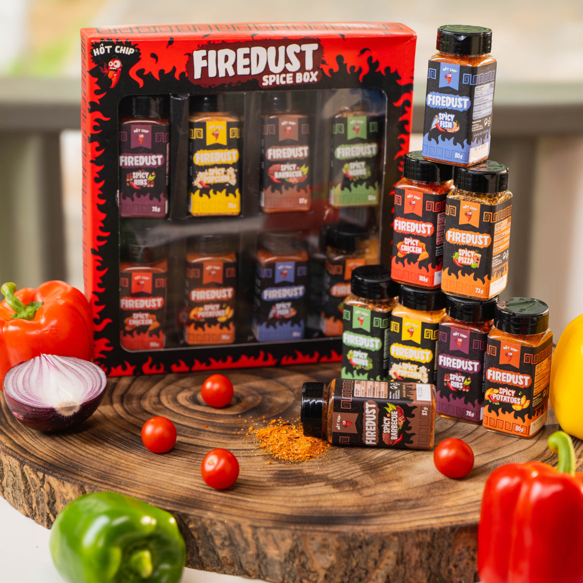 HOT-CHIP Firedust Kruiden Cadeauset – 8 Pittige Kruidenmixen – Voor BBQ, Vlees, Pizza, Snacks, Popcorn en Marinades