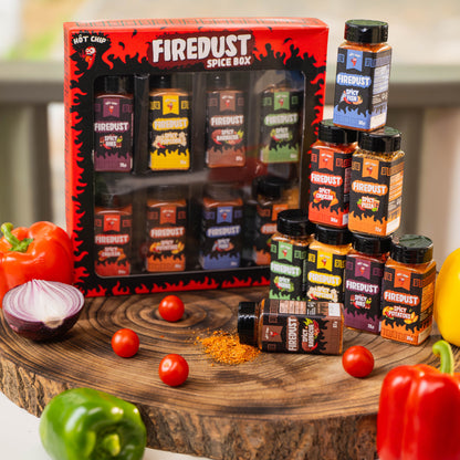 HOT-CHIP Firedust Gewürz Geschenkset – 8 scharfe Gewürzmischungen – Für BBQ, Fleisch, Pizza, Snacks, Popcorn und Marinaden