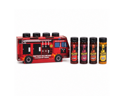 Feuerwehr Hot Sauce Geschenkbox – 4 scharfe Saucen – Ketchup, Honig-Senf, BBQ & Zwiebelsauce