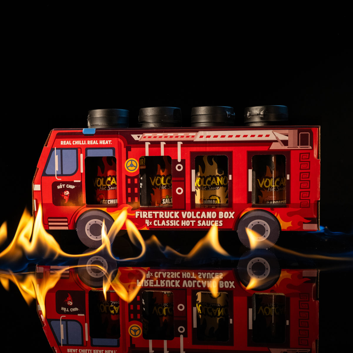 Firetruck Hot Sauce Gift Box – 4 Pittige Sauzen – Ketchup, Honing-Mosterd, BBQ & Uiensaus