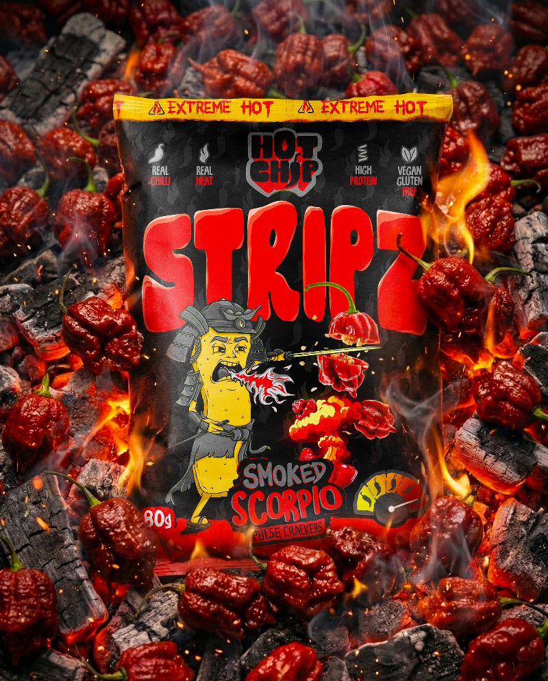 HOT-CHIP STRIPZ Smoked Scorpio 80 g – Extreem Pittige Vegan Eiwitsnack met Trinidad Scorpion